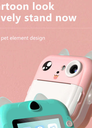 Blue rabbit Kids Instant Print Camera Zero Ink Digital Video Recorder with 32GB Card and 3 Paper Rolls Portable Rechargeable Toy Gift close-up.