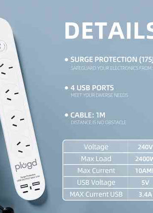 Plugd 2 USB A + 2 USB C 240V 10A Powerboard with Surge Protection