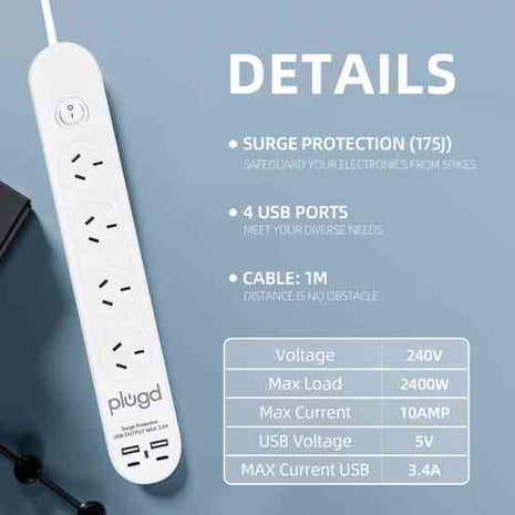 Plugd 2 USB A + 2 USB C 240V 10A Powerboard with Surge Protection