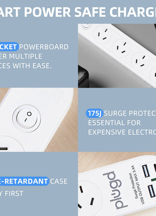 Plugd 2 USB A + 2 USB C 240V 10A Powerboard with Surge Protection