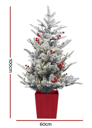 Jingle Jollys Christmas Tree 1M LED Potted Xmas Party Decor Red Barries Flocked