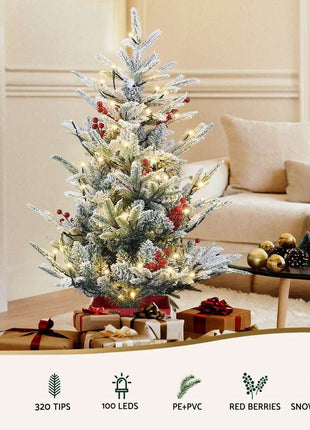 Jingle Jollys Christmas Tree 1M LED Potted Xmas Party Decor Red Barries Flocked