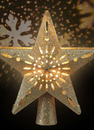 Jingle Jollys Christmas Tree Topper Star Snowflake Projector Party Glitter Gold