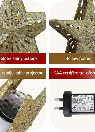 Jingle Jollys Christmas Tree Topper Star Snowflake Projector Party Glitter Gold