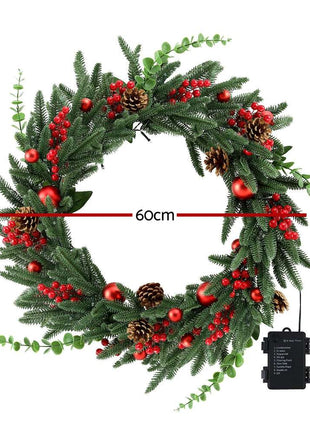 Jingle Jollys Christmas Wreath 60CM LED Garland Berries Pine Cones Party Decor