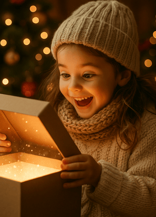 Excited child opening a mystery box, surrounded by Christmas decorations and festive lights, celebrating the holiday season.