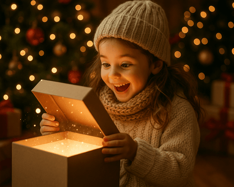Excited child opening a mystery box, surrounded by Christmas decorations and festive lights, celebrating the holiday season.