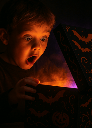 Excited child opening a Halloween mystery box, experiencing surprise and joy, perfect for mystery box halloween 2025.