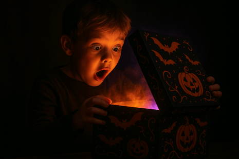 Excited child opening a Halloween mystery box, experiencing surprise and joy, perfect for mystery box halloween 2025.