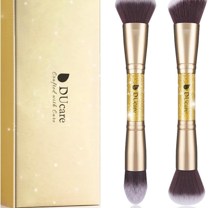 Gold Duo End Makeup Brushes - Foundation, Powder & Contour - 2-Piece Synthetic Cosmetic Tool Set