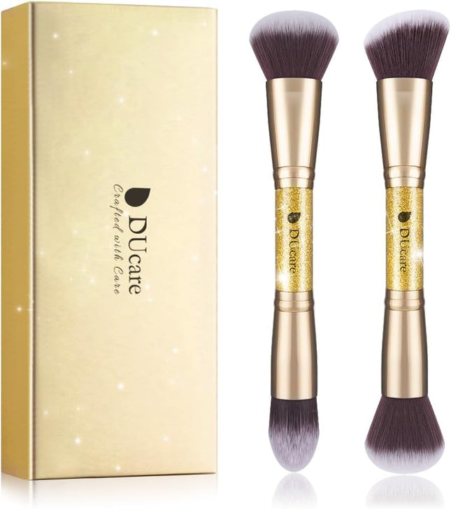 Gold Duo End Makeup Brushes - Foundation, Powder & Contour - 2-Piece Synthetic Cosmetic Tool Set