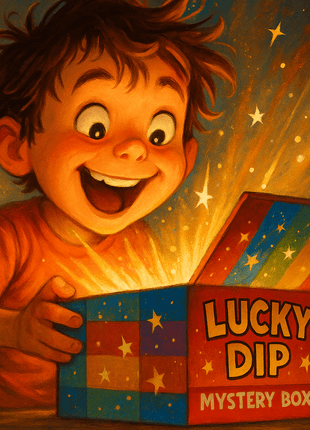 A joyful child opening a colorful 'Lucky Dip Mystery Box' filled with excitement and surprise.