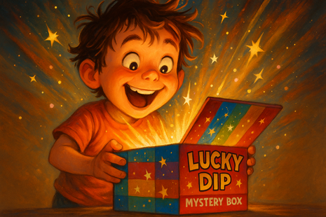 an excited kid opening a lucky dip mystery box