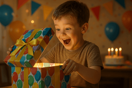 Excited boy opening a colorful mystery box for his birthday, perfect for a mystery box boys birthday celebration.