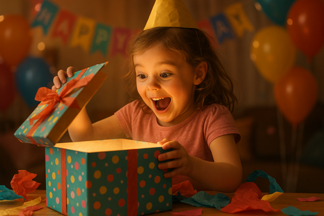 an excited little girl opening up a mystery birthday box
