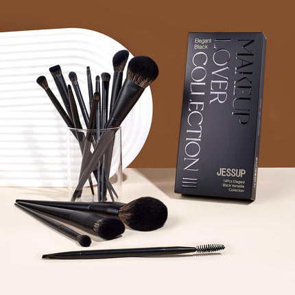 14-Piece Makeup Brush Set - Professional Black Kabuki Foundation, Eyeshadow, Contour, Concealer, Powder, Eyeliner, Crease, Eyebrow, and Blending Brushes