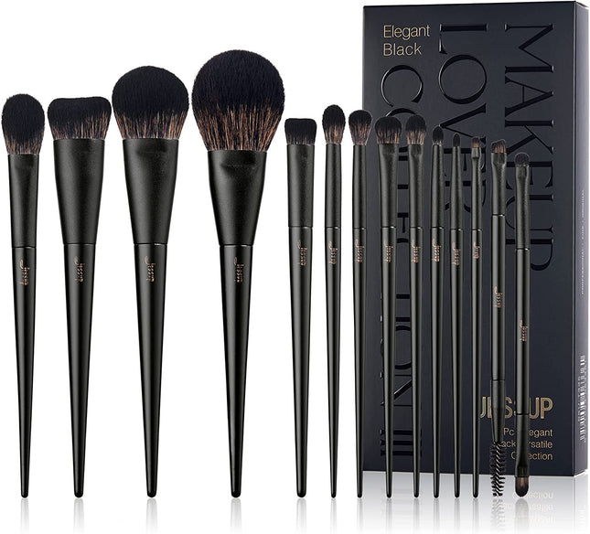 14-Piece Makeup Brush Set - Professional Black Kabuki Foundation, Eyeshadow, Contour, Concealer, Powder, Eyeliner, Crease, Eyebrow, and Blending Brushes