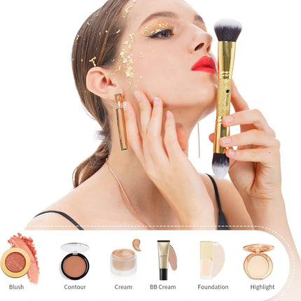 Gold Duo End Makeup Brushes - Foundation, Powder & Contour - 2-Piece Synthetic Cosmetic Tool Set