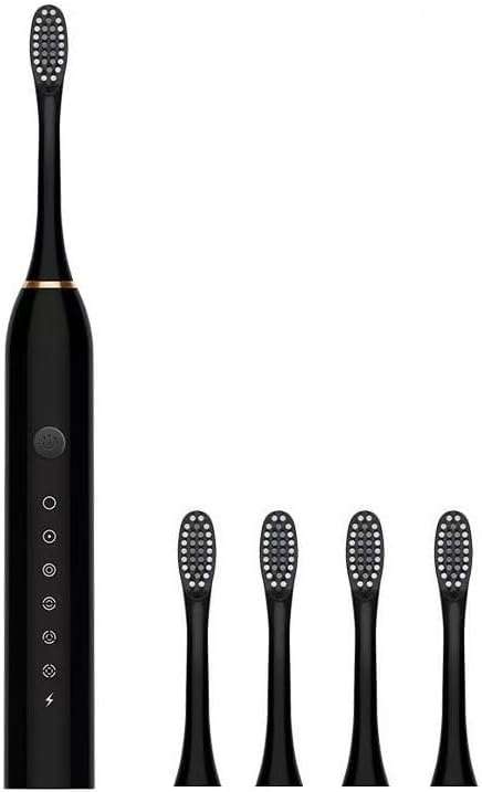 Rechargeable Toothbrush, Deep Cleaning Electronic Toothbrush, IPX7 Waterproof, with 4 Replacement Heads (Black with Four Brush Heads, 225 mm x 25 mm)