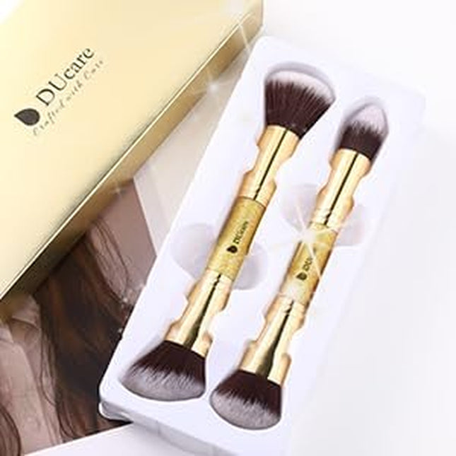 Gold Duo End Makeup Brushes - Foundation, Powder & Contour - 2-Piece Synthetic Cosmetic Tool Set