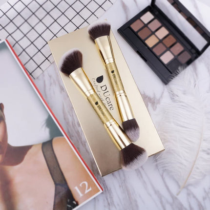 Gold Duo End Makeup Brushes - Foundation, Powder & Contour - 2-Piece Synthetic Cosmetic Tool Set