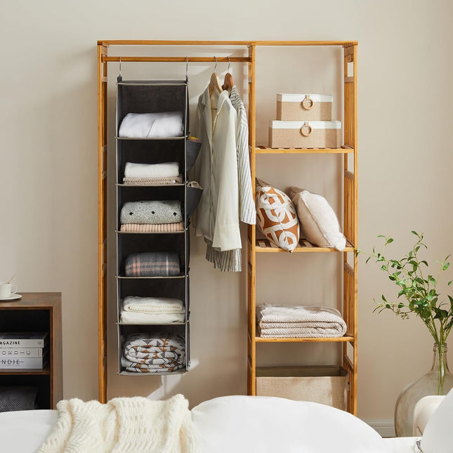 Hanging Closet Organizer, 6-Shelf Cloth Hanging Storage with Side Pockets,Grey
