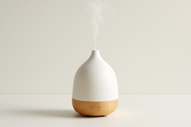 Essential oil diffuser with light background and leave a space at the top for a heading 