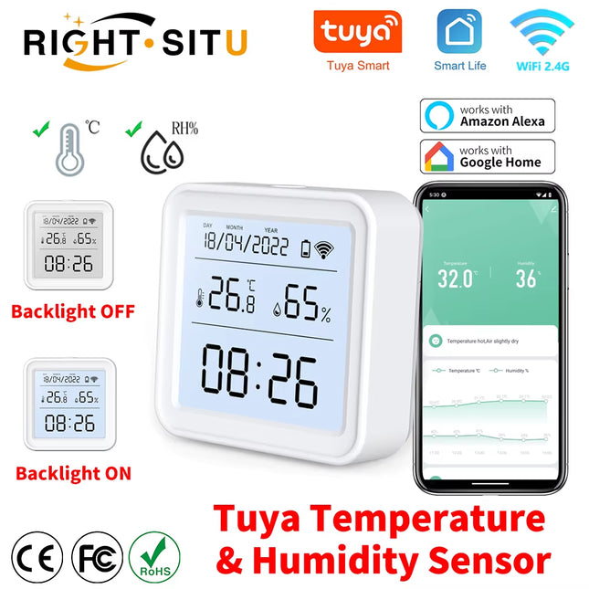 Tuya Smart WiFi Temperature and Humidity Sensor with Backlight, Compatible with Alexa and Google Assistant