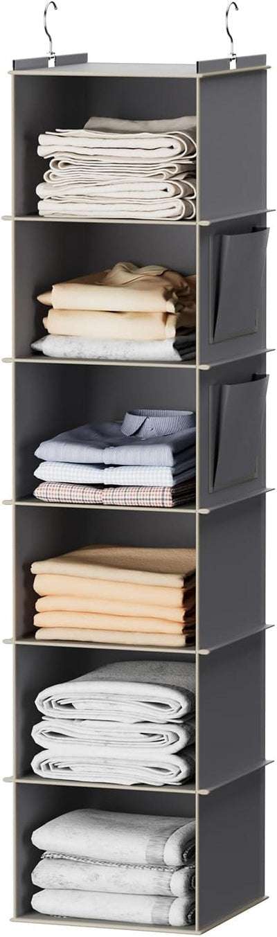 Hanging Closet Organizer, 6-Shelf Cloth Hanging Storage with Side Pockets,Grey